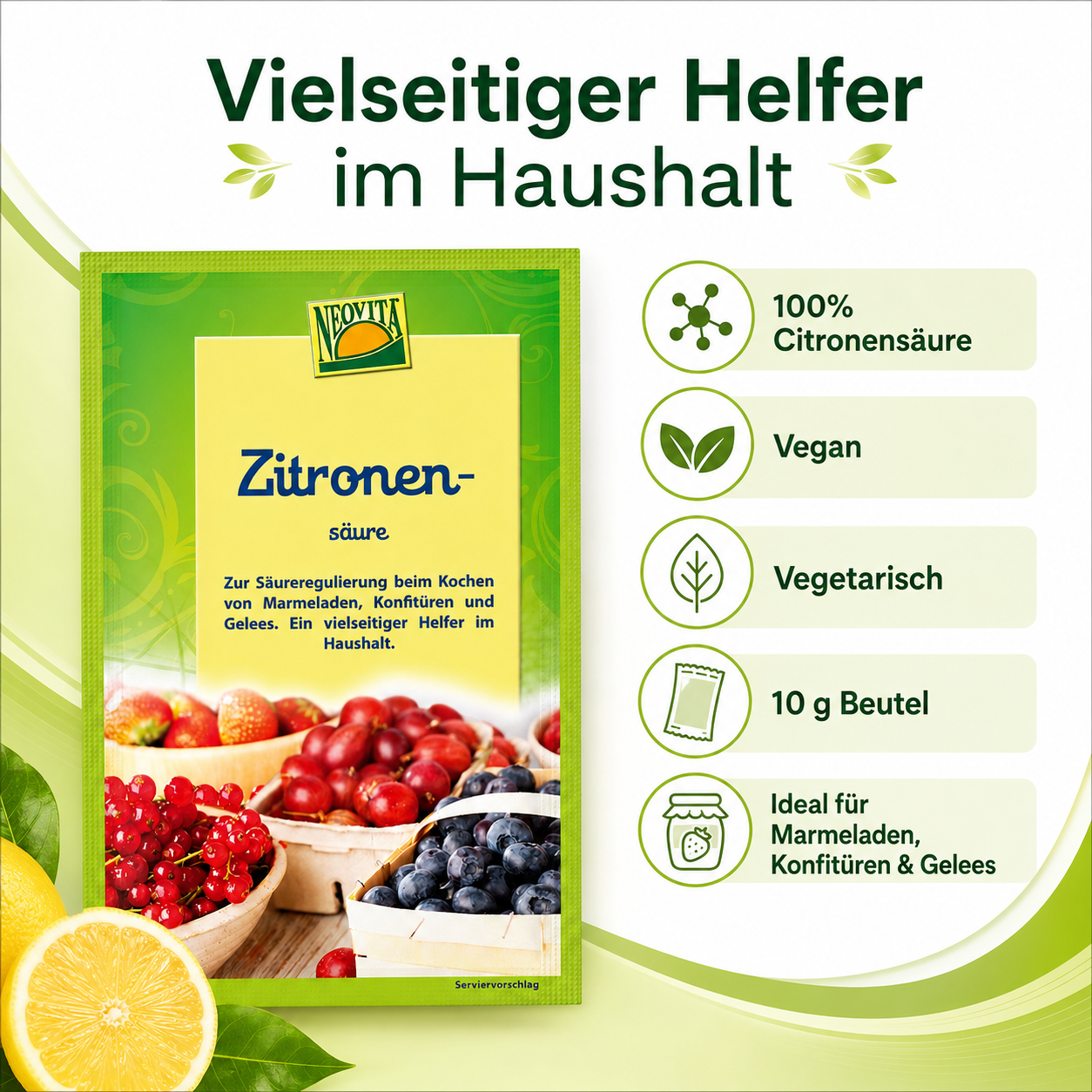 NEOVITA Zitronensäure 10 g mit Produktvorteilen: vegan, vegetarisch und ideal für Marmeladen, Konfitüren und Gelees