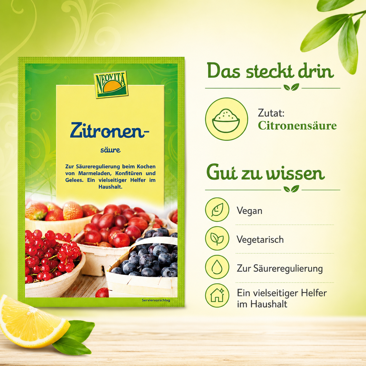NEOVITA Zitronensäure mit Angaben zu Citronensäure, veganer Rezeptur und Verwendung zur Säureregulierung