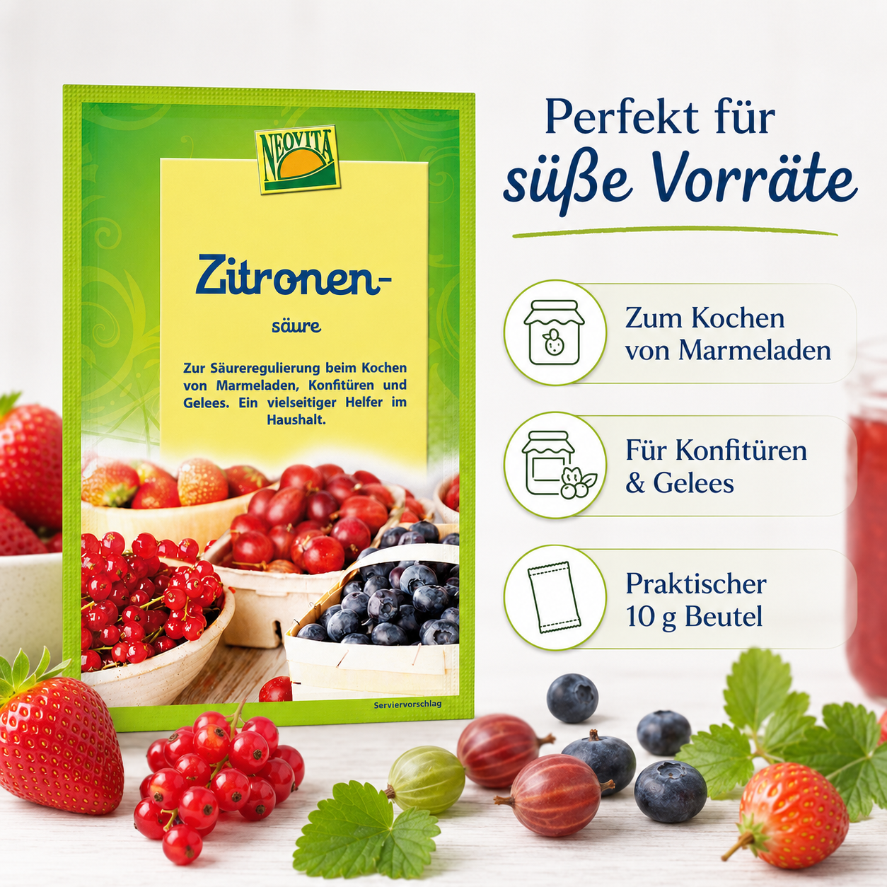 NEOVITA Zitronensäure neben Beeren und selbst gemachter Marmelade als Zutat zum Einkochen von Fruchtaufstrichen