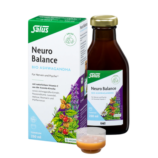 Neuro Balance Ashwagandha Bio Tonikum 250 ml von Salus – Set mit Verpackung, Flasche und Dosierbecher