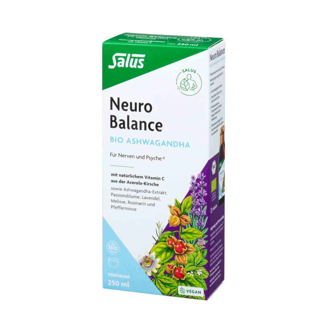 Neuro Balance Ashwagandha Bio Tonikum 250 ml von Salus – Produktverpackung in Bio-Qualität