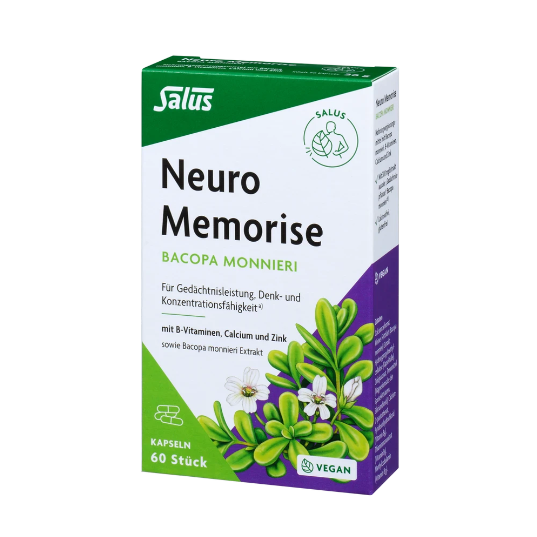 Salus Neuro Memorise Bacopa monnieri Kapseln 60 Stück – Vorderansicht der Produktverpackung