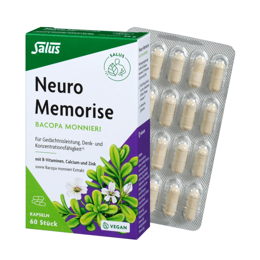 Salus Neuro Memorise Bacopa monnieri Kapseln 60 Stück – Verpackung mit geöffneter Blisterpackung