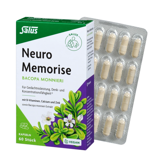 Salus Neuro Memorise Bacopa monnieri Kapseln 60 Stück – Verpackung mit geöffneter Blisterpackung