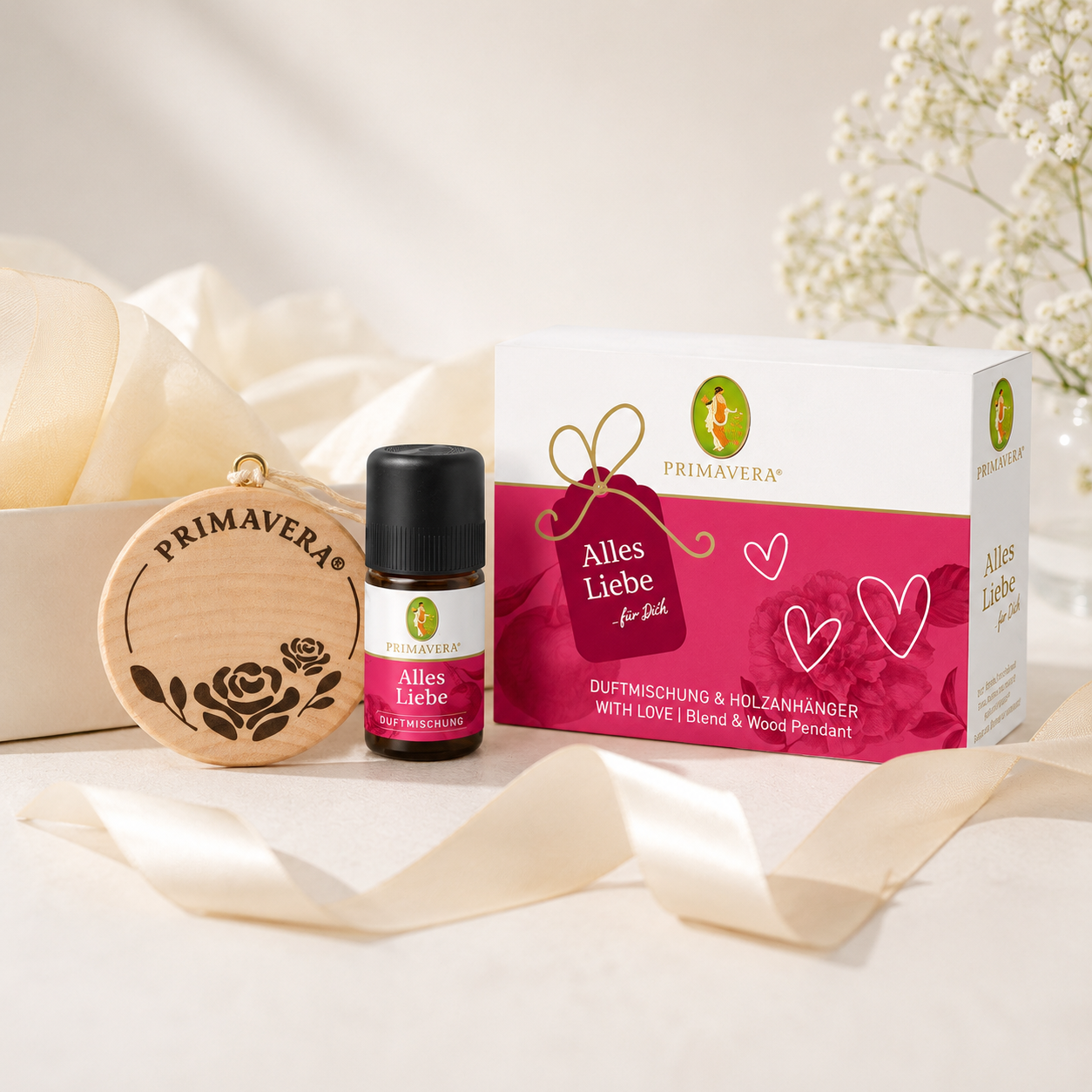 PRIMAVERA Geschenkset Alles Liebe mit 5 ml Duftmischung und Holzanhänger zum Verschenken