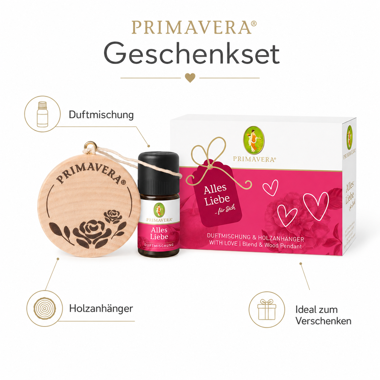 PRIMAVERA Alles Liebe Geschenkset – Duftmischung, Holzanhänger und Geschenkidee im Überblick