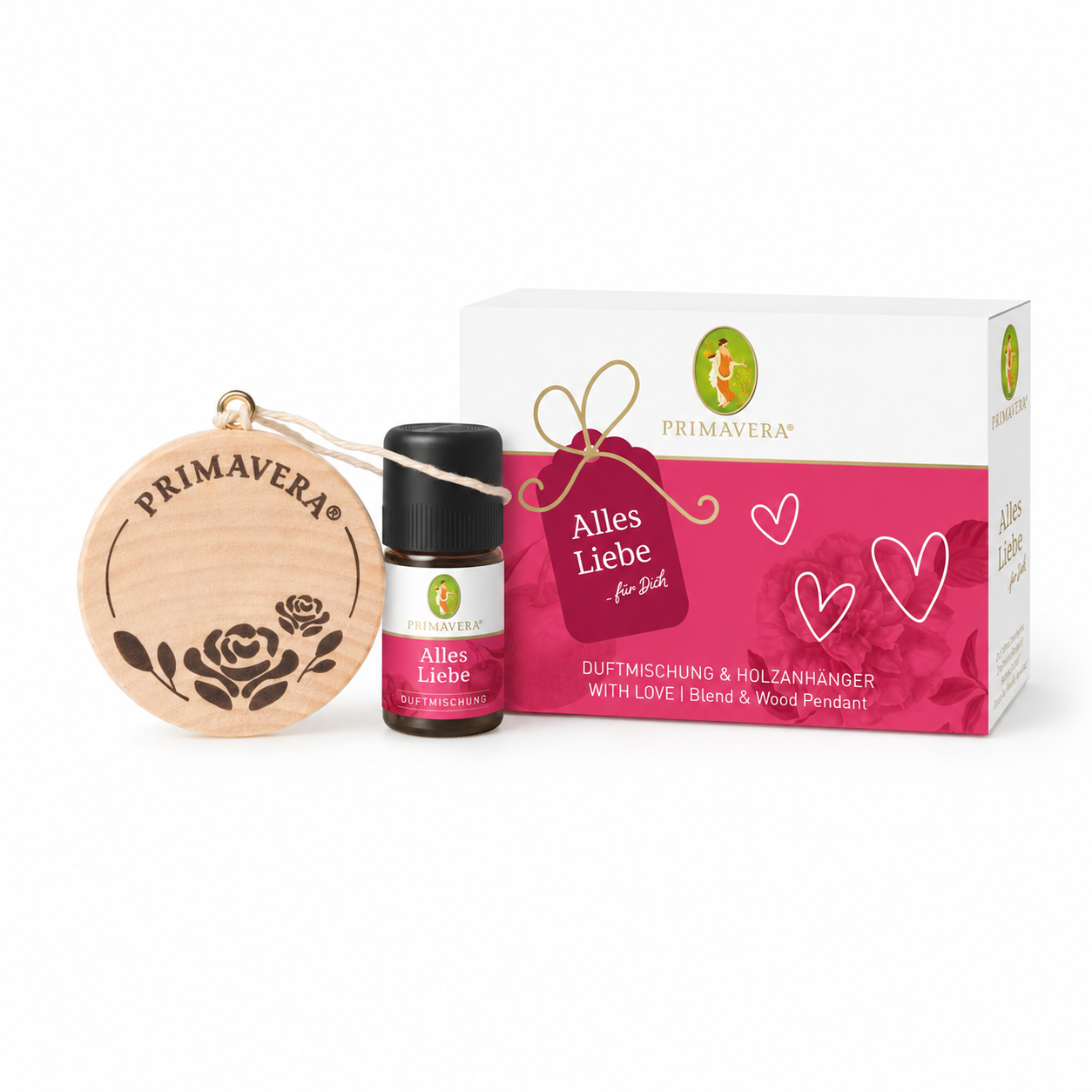 PRIMAVERA Alles Liebe Geschenkset mit Duftmischung 5 ml und Holzanhänger
