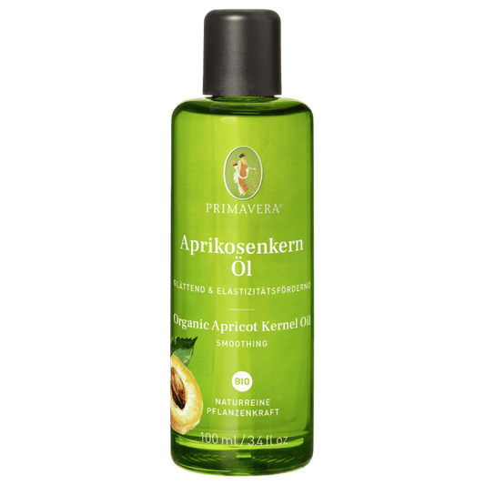Primavera Bio Aprikosenkernöl 100 ml – glättend und elastitätsfördernd, naturreine Pflanzenkraft in grüner Glasflasche.