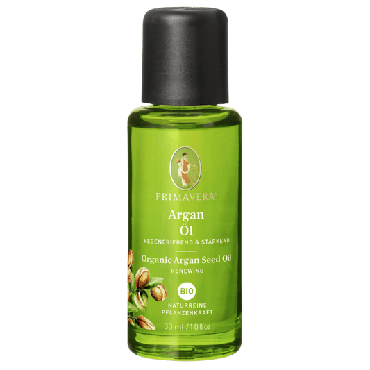 Primavera Bio Arganöl 30 ml – regenerierend und stärkend, naturreine Pflanzenkraft in grüner Glasflasche.