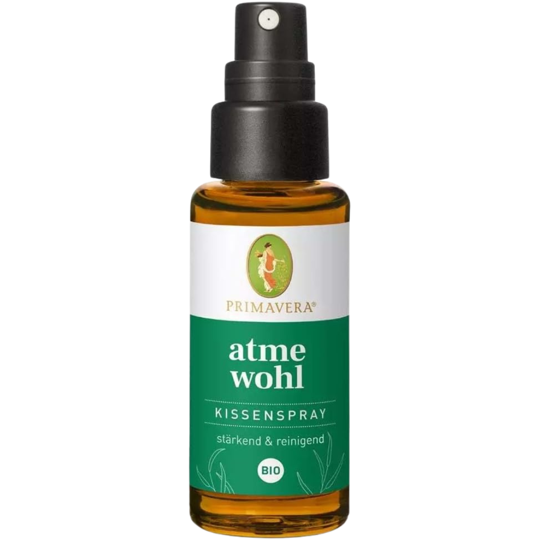 PRIMAVERA Atmewohl Kissenspray bio – Produktflasche mit Etikett „stärkend & reinigend“ in 30 ml Glasflasche