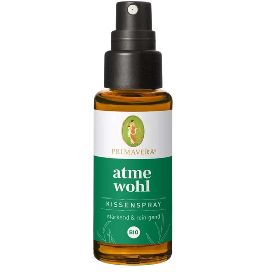 PRIMAVERA Atmewohl Kissenspray bio – Produktflasche mit Etikett „stärkend & reinigend“ in 30 ml Glasflasche