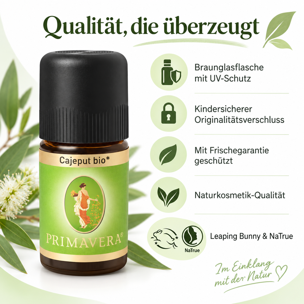 PRIMAVERA Cajeput bio mit Braunglasflasche, UV-Schutz, Frischegarantie und kindersicherem Verschluss