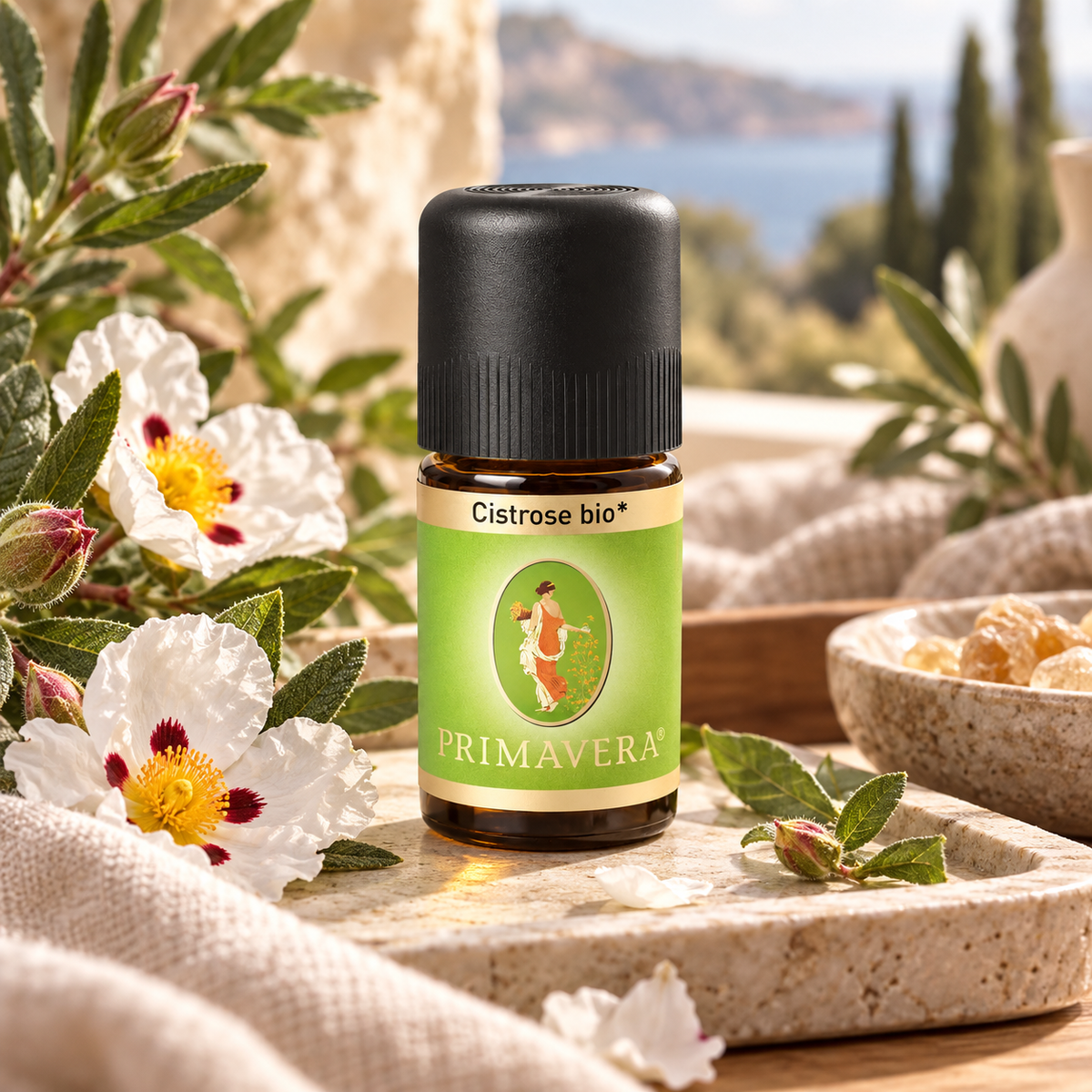 PRIMAVERA Cistrose bio ätherisches Öl 5 ml mit Cistrosenblüten in natürlicher mediterraner Umgebung