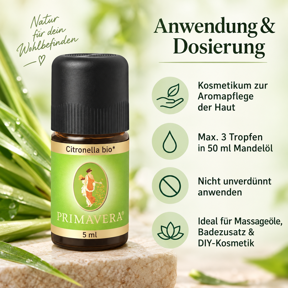 Anwendung und Dosierung von PRIMAVERA Citronella bio – maximal 3 Tropfen in 50 ml Mandelöl