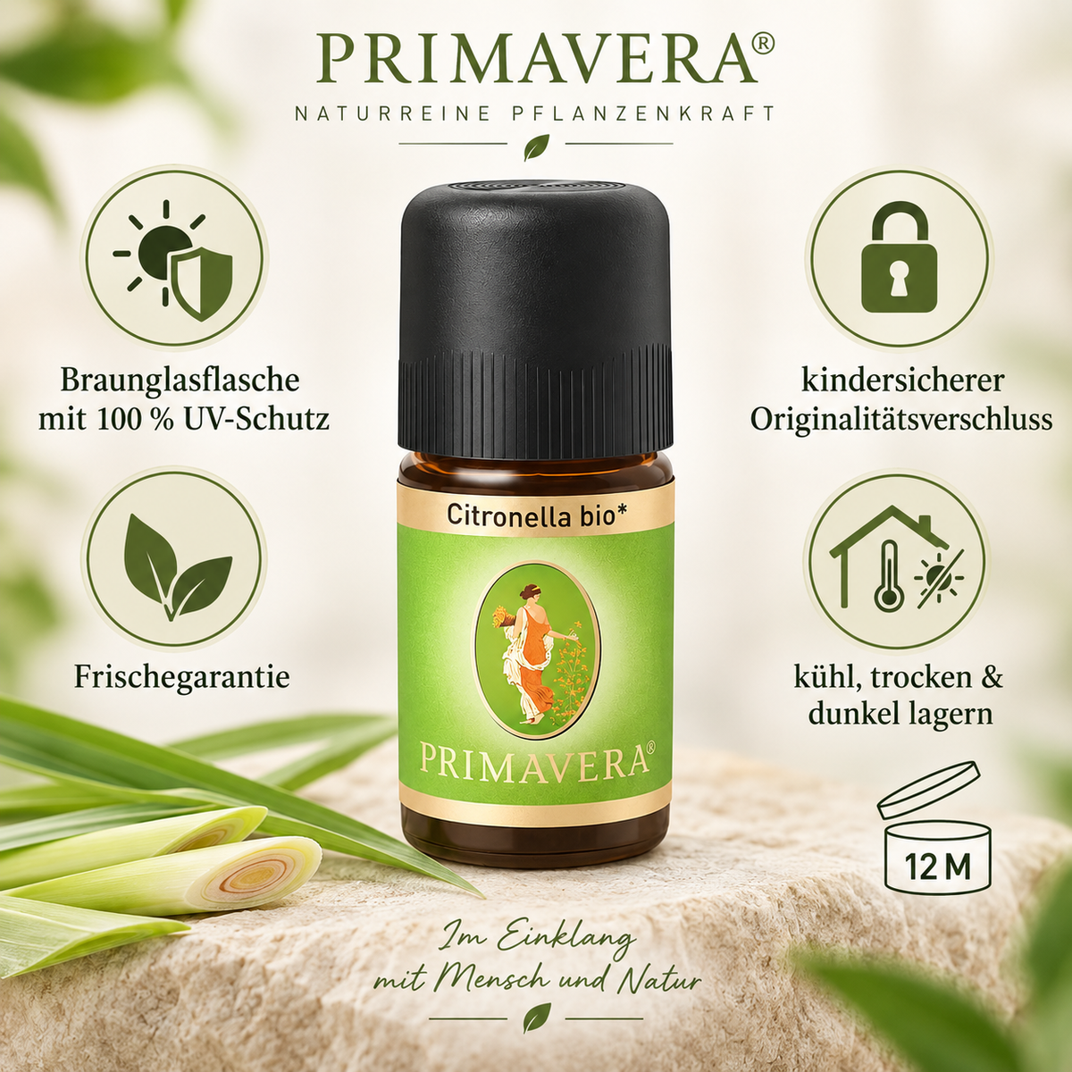 PRIMAVERA Citronella bio mit Braunglasflasche, UV-Schutz, Frischegarantie und kindersicherem Verschluss