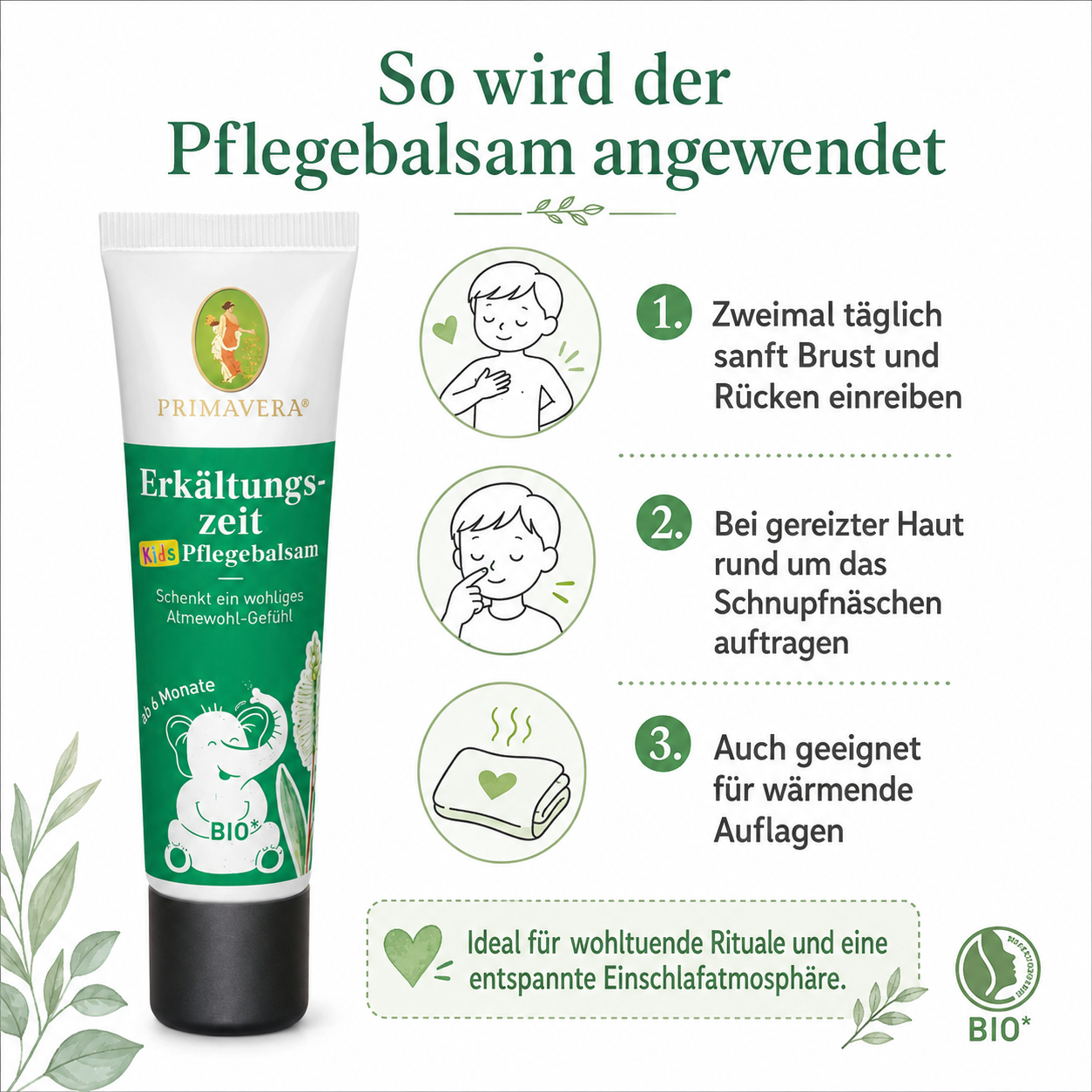 Anwendung des PRIMAVERA Erkältungszeit Baby & Kinder Pflegebalsams auf Brust, Rücken und rund um das Schnupfnäschen