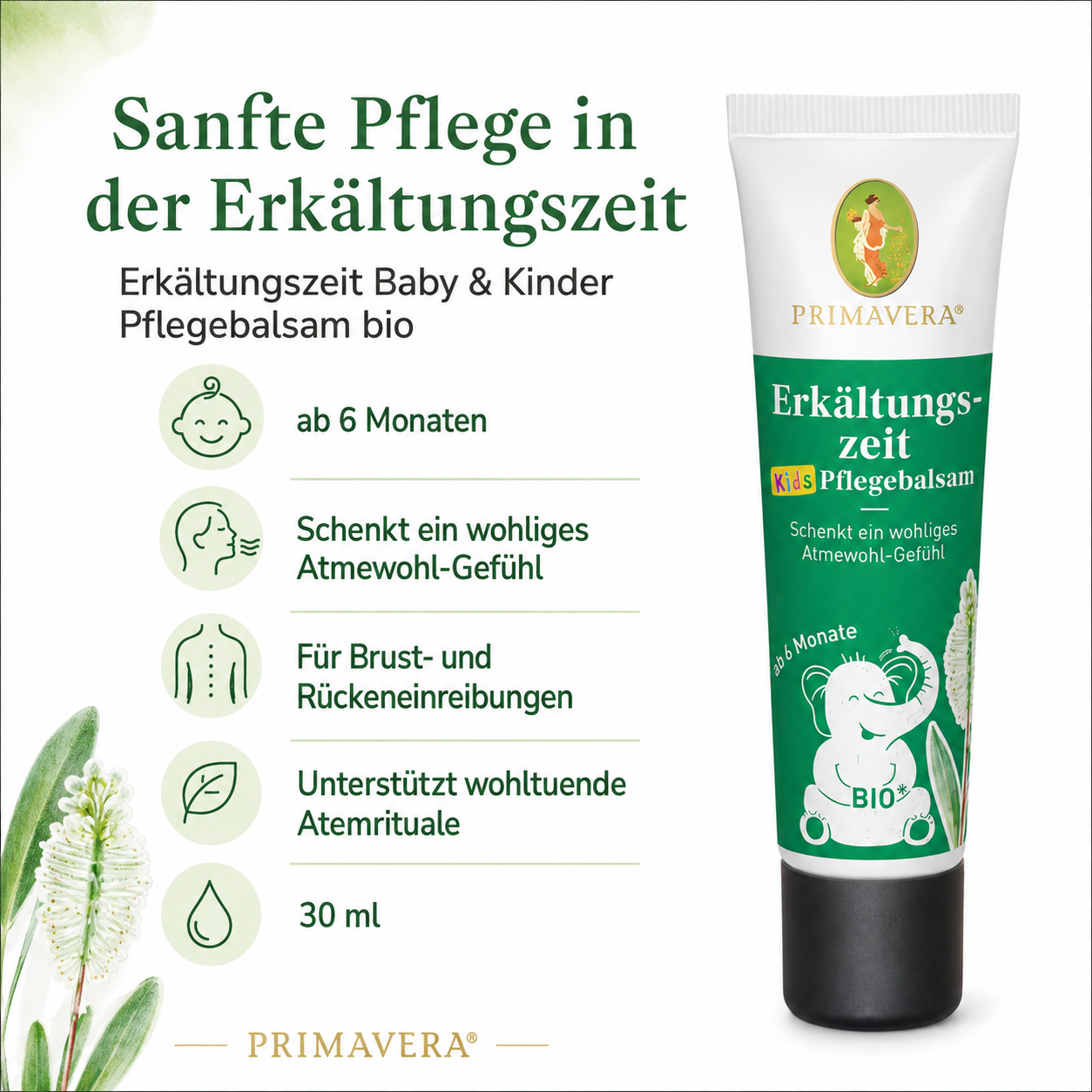 PRIMAVERA Erkältungszeit Baby & Kinder Pflegebalsam bio 30 ml – sanfte Pflege ab 6 Monaten für Brust und Rücken