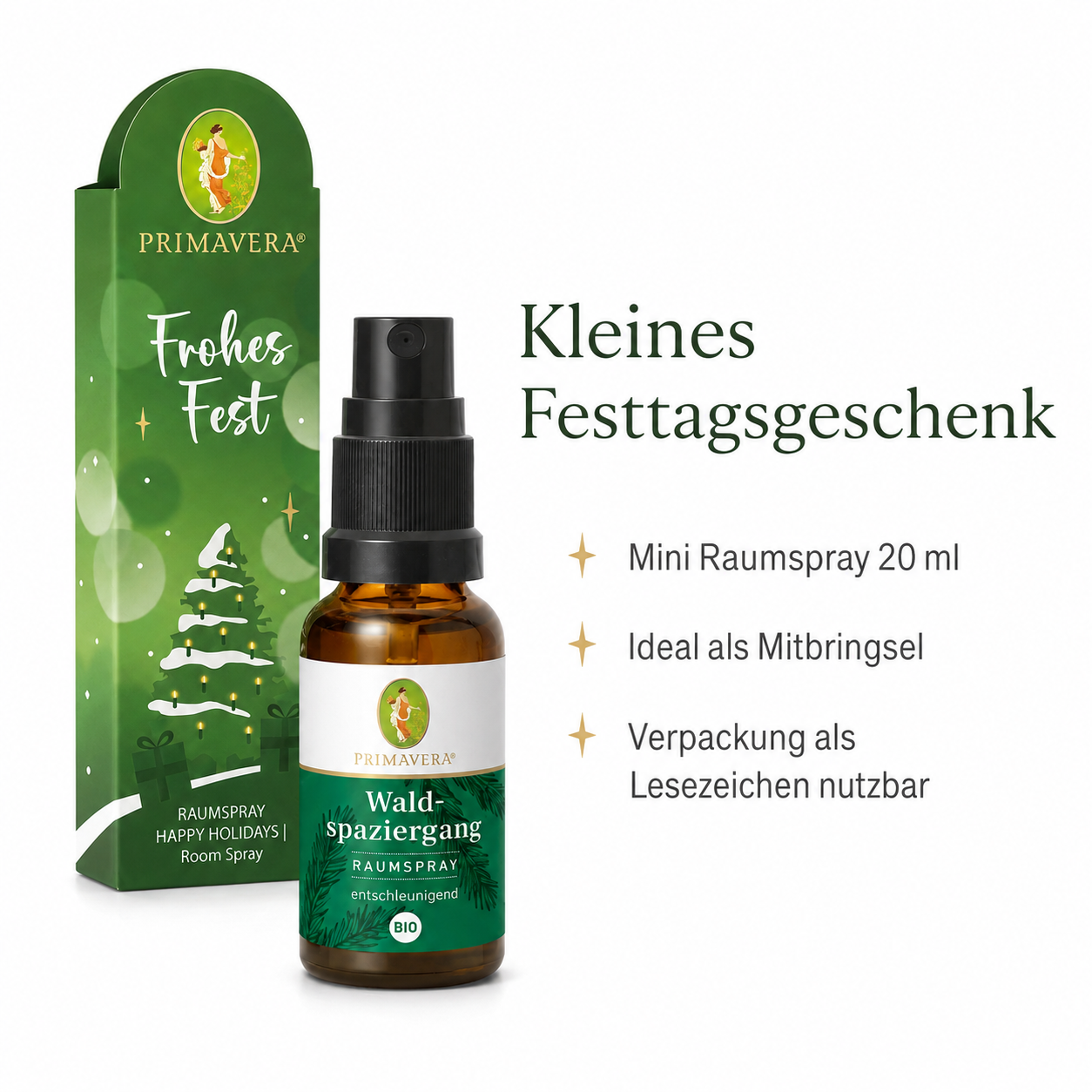 PRIMAVERA Frohes Fest mit Mini Waldspaziergang Raumspray 20 ml als kleines Weihnachtsgeschenk