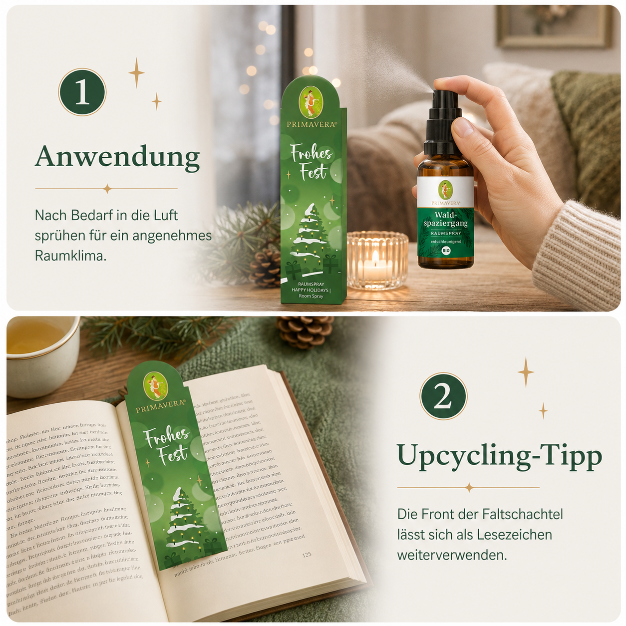 Anwendung des PRIMAVERA Waldspaziergang Raumsprays und Upcycling der Frohes Fest Verpackung als Lesezeichen