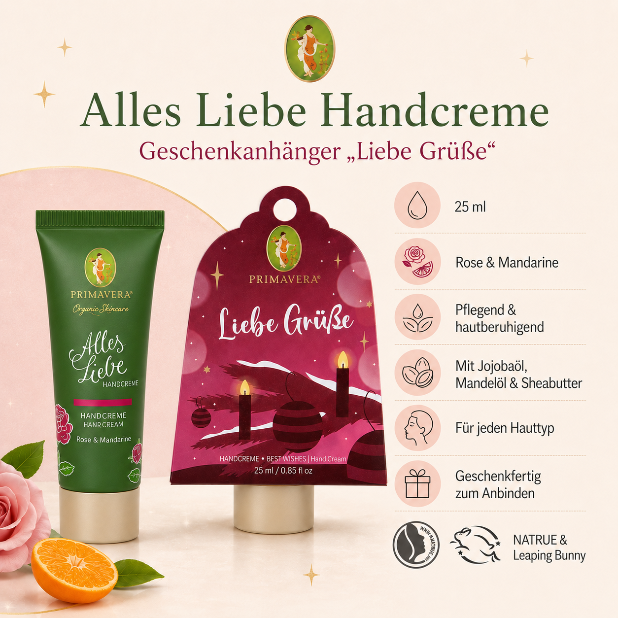 PRIMAVERA Geschenkanhänger Liebe Grüße – Handcreme mit Rose und Mandarine