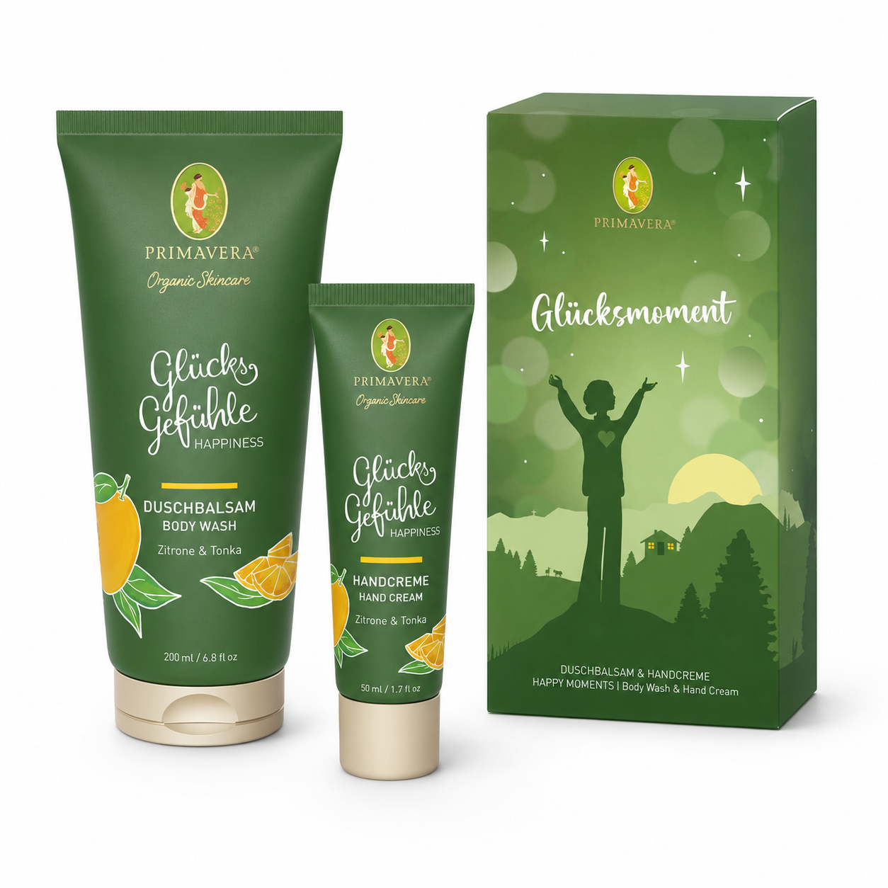 PRIMAVERA Geschenkset Glücksmoment mit Glücksgefühle Duschbalsam 200 ml und Handcreme 50 ml