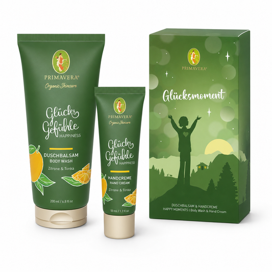 PRIMAVERA Geschenkset Glücksmoment mit Glücksgefühle Duschbalsam 200 ml und Handcreme 50 ml