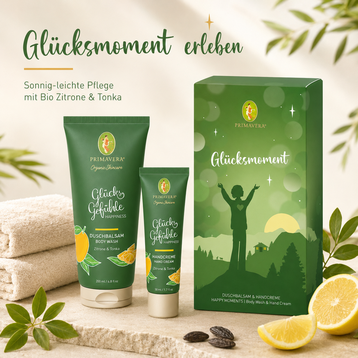 PRIMAVERA Geschenkset Glücksmoment mit Duschbalsam und Handcreme als Naturkosmetik Geschenkidee