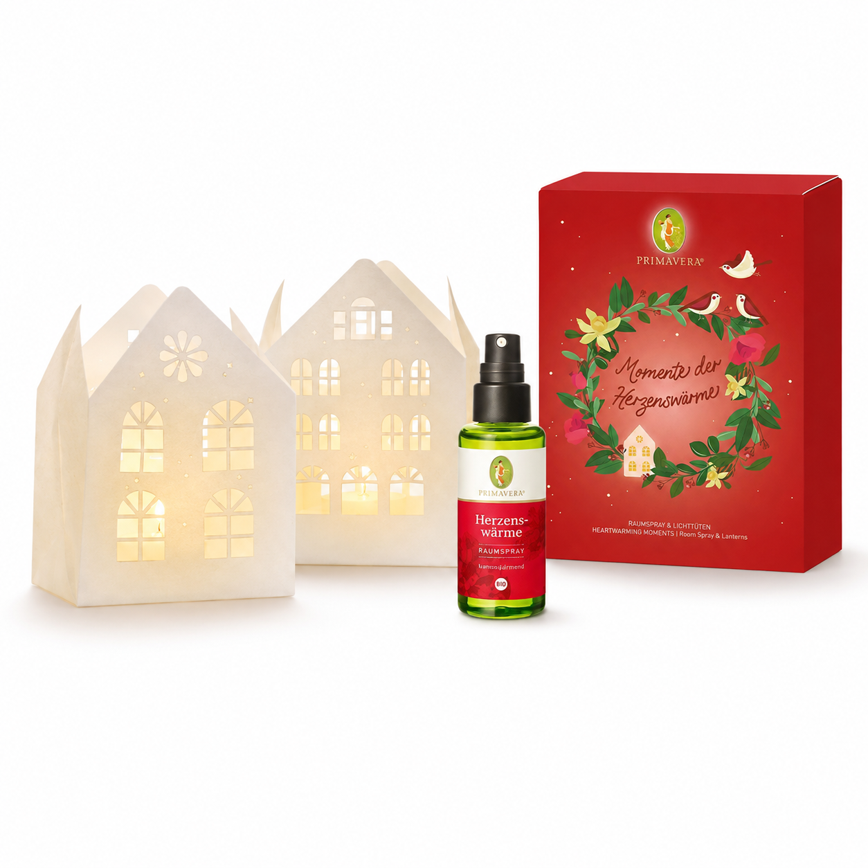 PRIMAVERA Geschenkset Herzenswärme mit Bio Raumspray und zwei Lichttüten in Häuserform