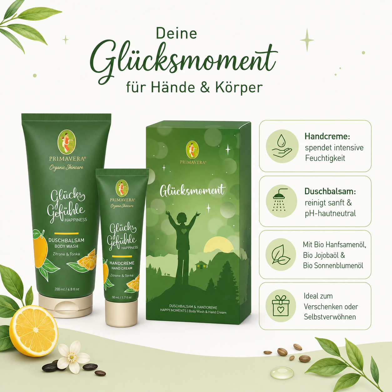 PRIMAVERA Glücksmoment Duschbalsam und Handcreme mit feuchtigkeitsspendenden Bio-Pflanzenölen