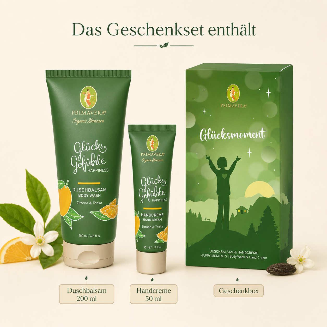 Inhalt des PRIMAVERA Geschenksets Glücksmoment mit Duschbalsam 200 ml, Handcreme 50 ml und Geschenkbox