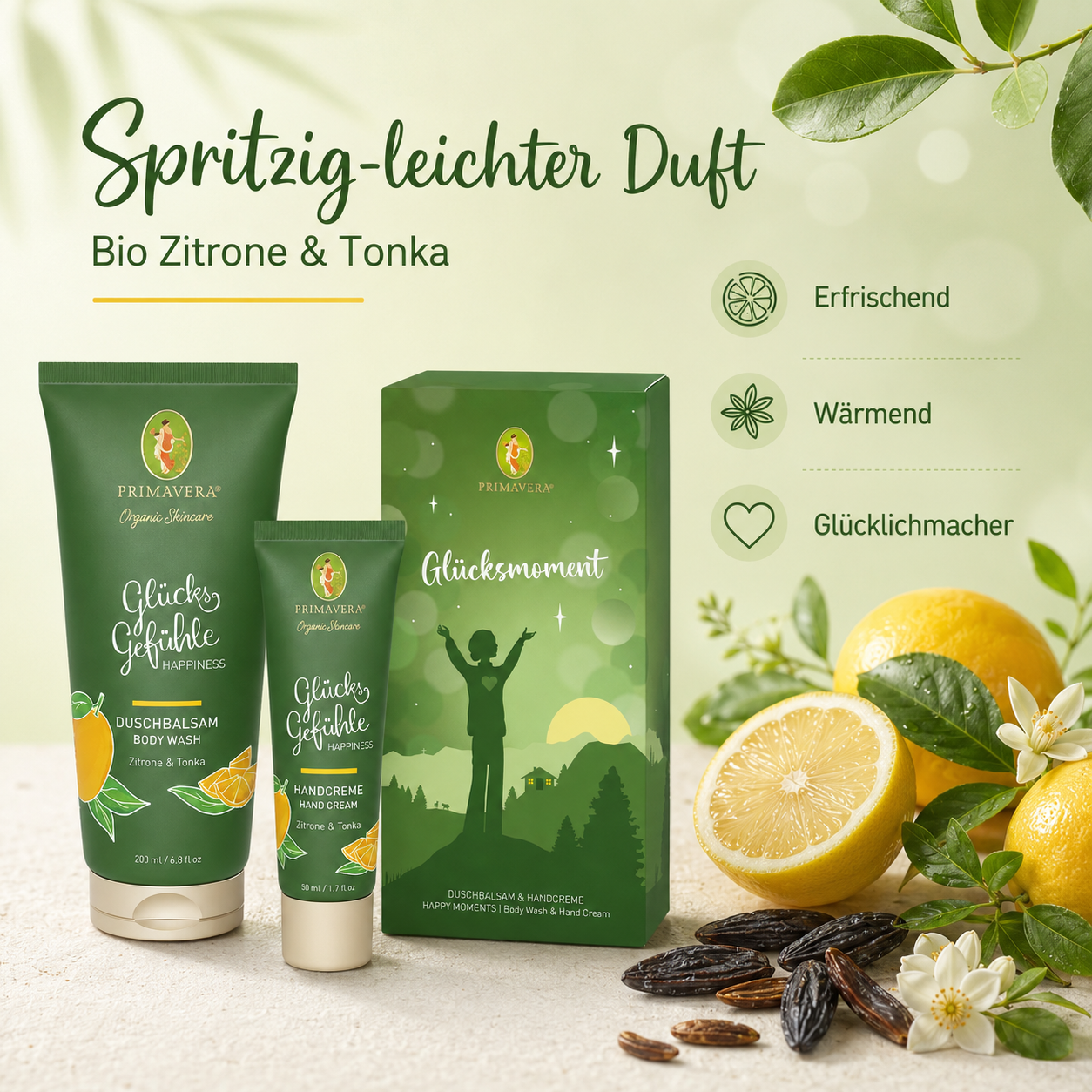 PRIMAVERA Glücksmoment Geschenkset mit Bio Zitrone und Tonka für einen spritzig-leichten Duft