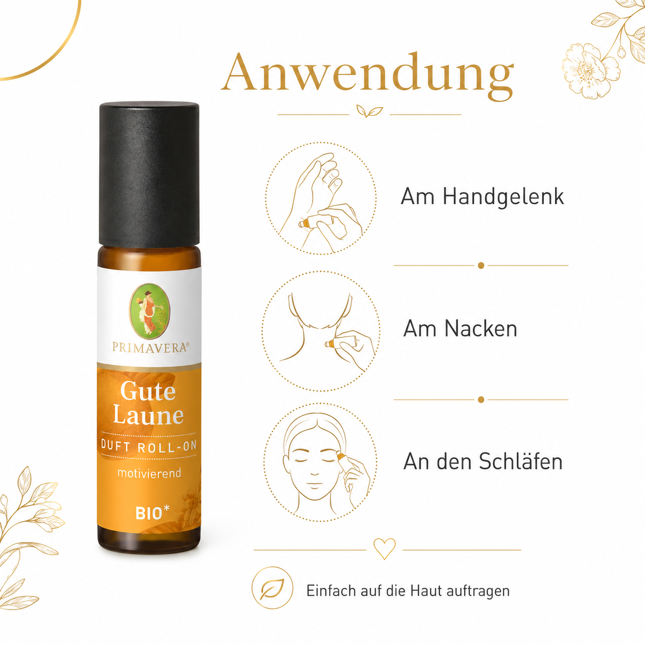 Anwendung des PRIMAVERA Gute Laune Duft Roll-Ons an Handgelenk, Nacken oder Schläfen
