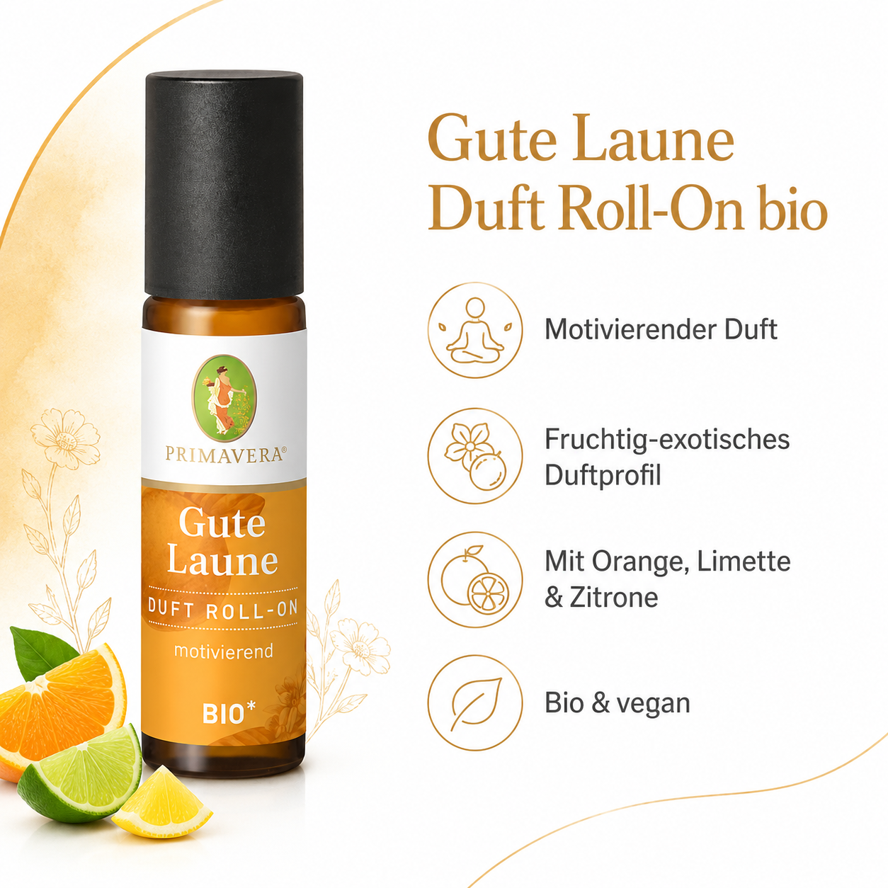 PRIMAVERA Gute Laune Duft Roll-On bio und vegan mit Orange, Limette und Zitrone