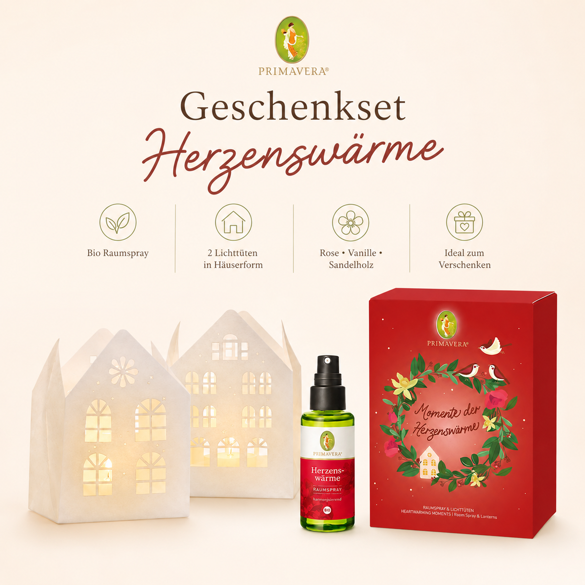 PRIMAVERA Geschenkset Herzenswärme mit Bio Raumspray, zwei Lichttüten und Duft aus Rose, Vanille und Sandelholz