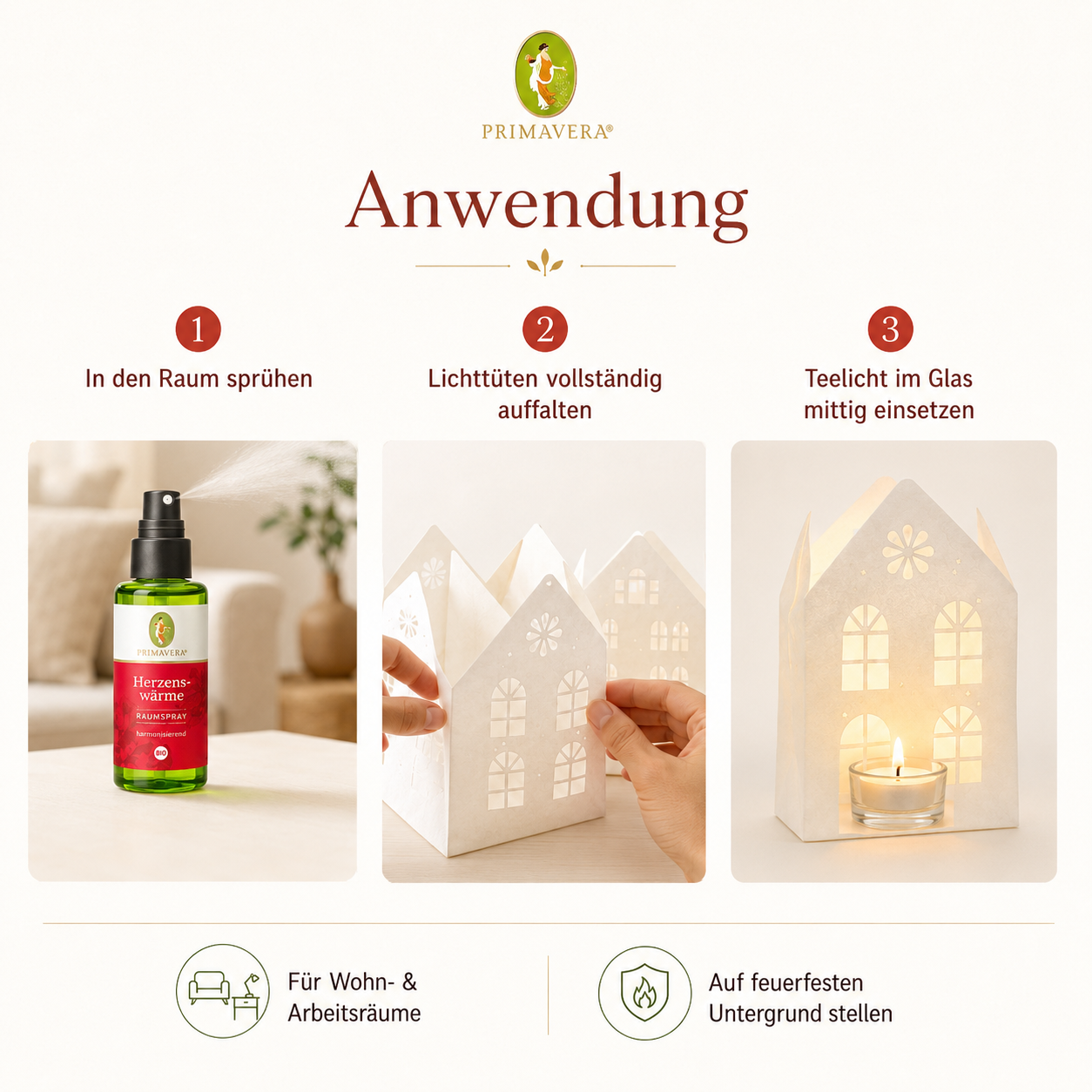 Anwendung des PRIMAVERA Herzenswärme Raumsprays und der Lichttüten in Häuserform