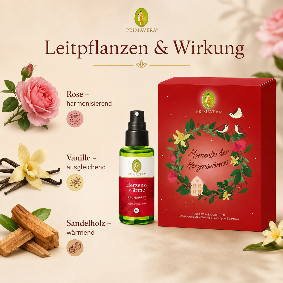 PRIMAVERA Herzenswärme Raumspray mit Rose, Vanille und Sandelholz