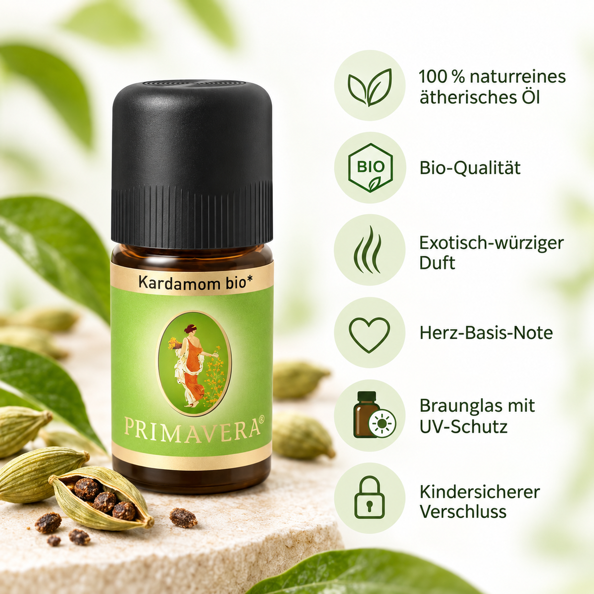 PRIMAVERA Kardamom bio mit Produktvorteilen wie Bio-Qualität, naturreinem ätherischen Öl und UV-Schutz