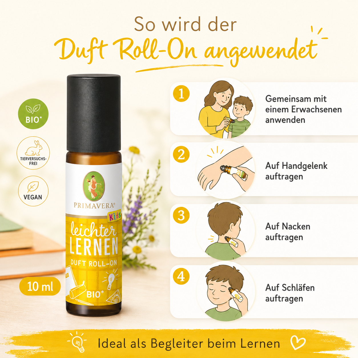 Anwendung des PRIMAVERA Kids Duft Roll-Ons am Handgelenk, Nacken oder an den Schläfen gemeinsam mit Erwachsenen