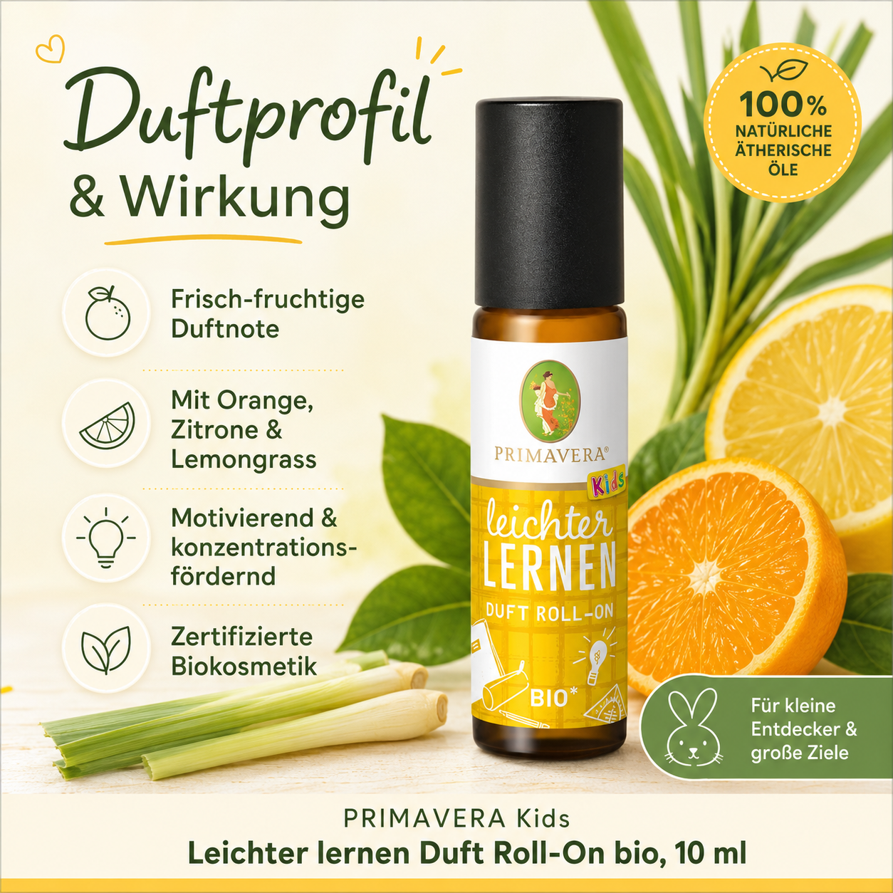PRIMAVERA Kids Leichter lernen Roll-On mit Orange, Zitrone und Lemongrass sowie frisch-fruchtiger Duftnote