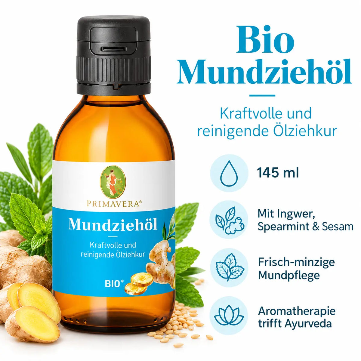 PRIMAVERA Mundziehöl bio 145 ml mit Ingwer, Spearmint und Sesam – frisch-minzige Mundpflege