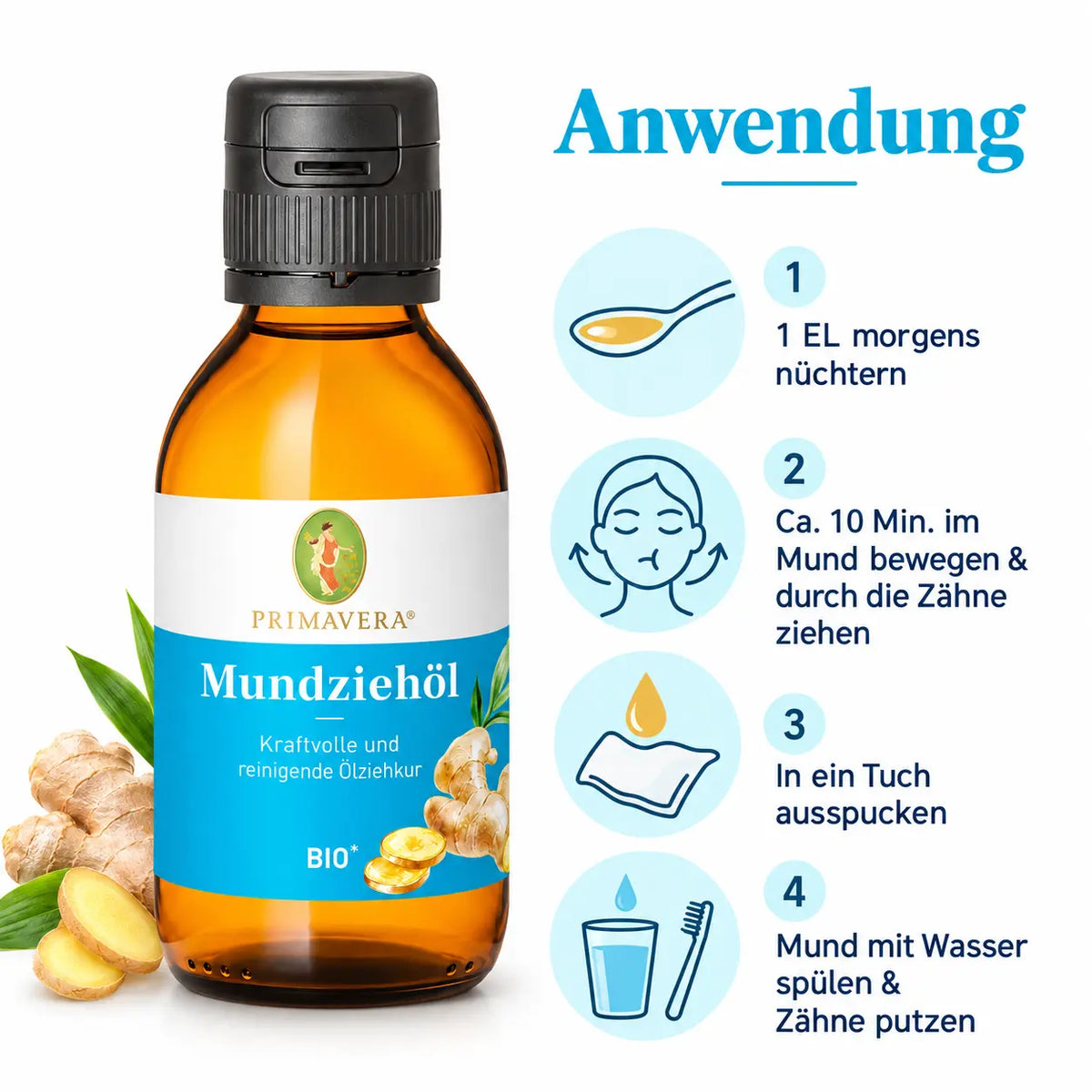 Anwendung des PRIMAVERA Mundziehöl bio – morgens Öl im Mund bewegen und durch die Zähne ziehen