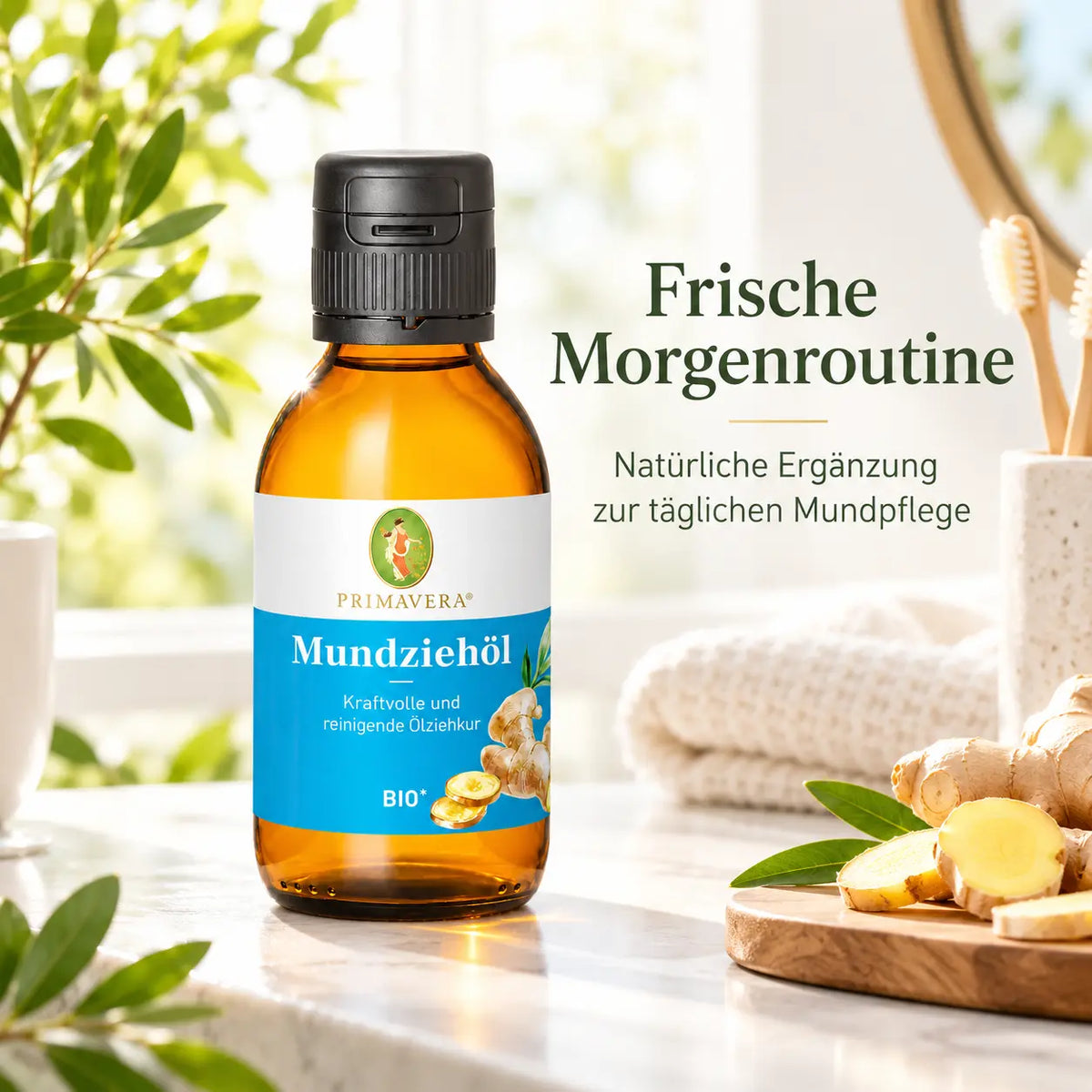 PRIMAVERA Mundziehöl bio in einer natürlichen Morgenroutine für die tägliche Mundpflege