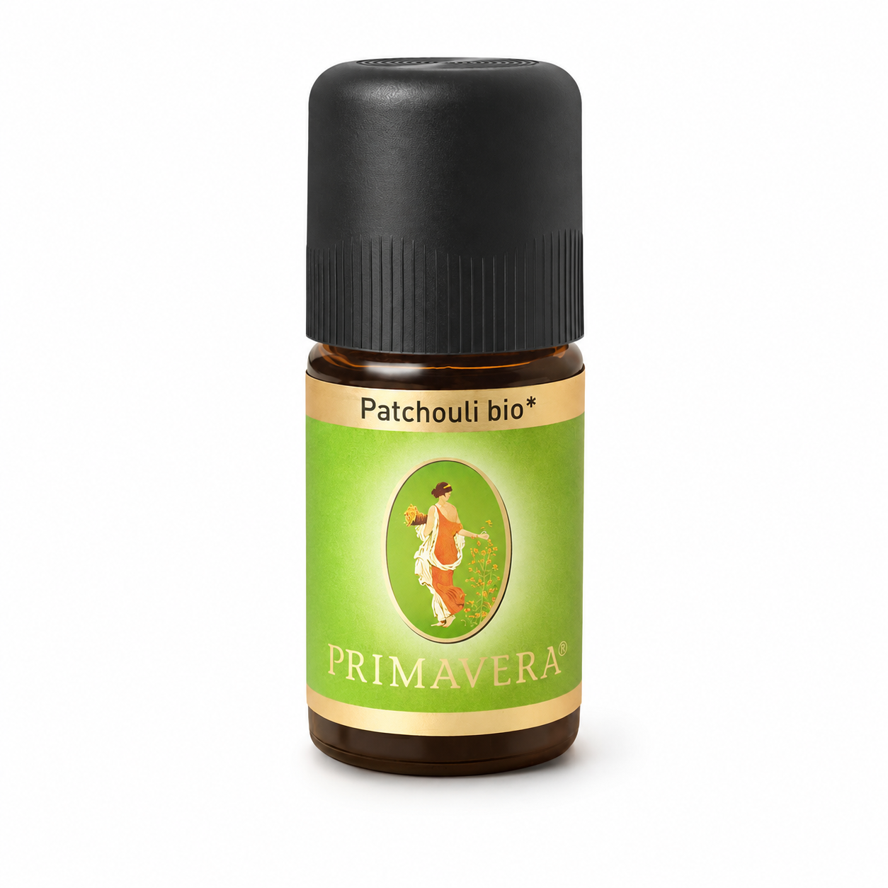 PRIMAVERA Patchouli bio ätherisches Öl 5 ml in einer Braunglasflasche mit schwarzem Verschluss
