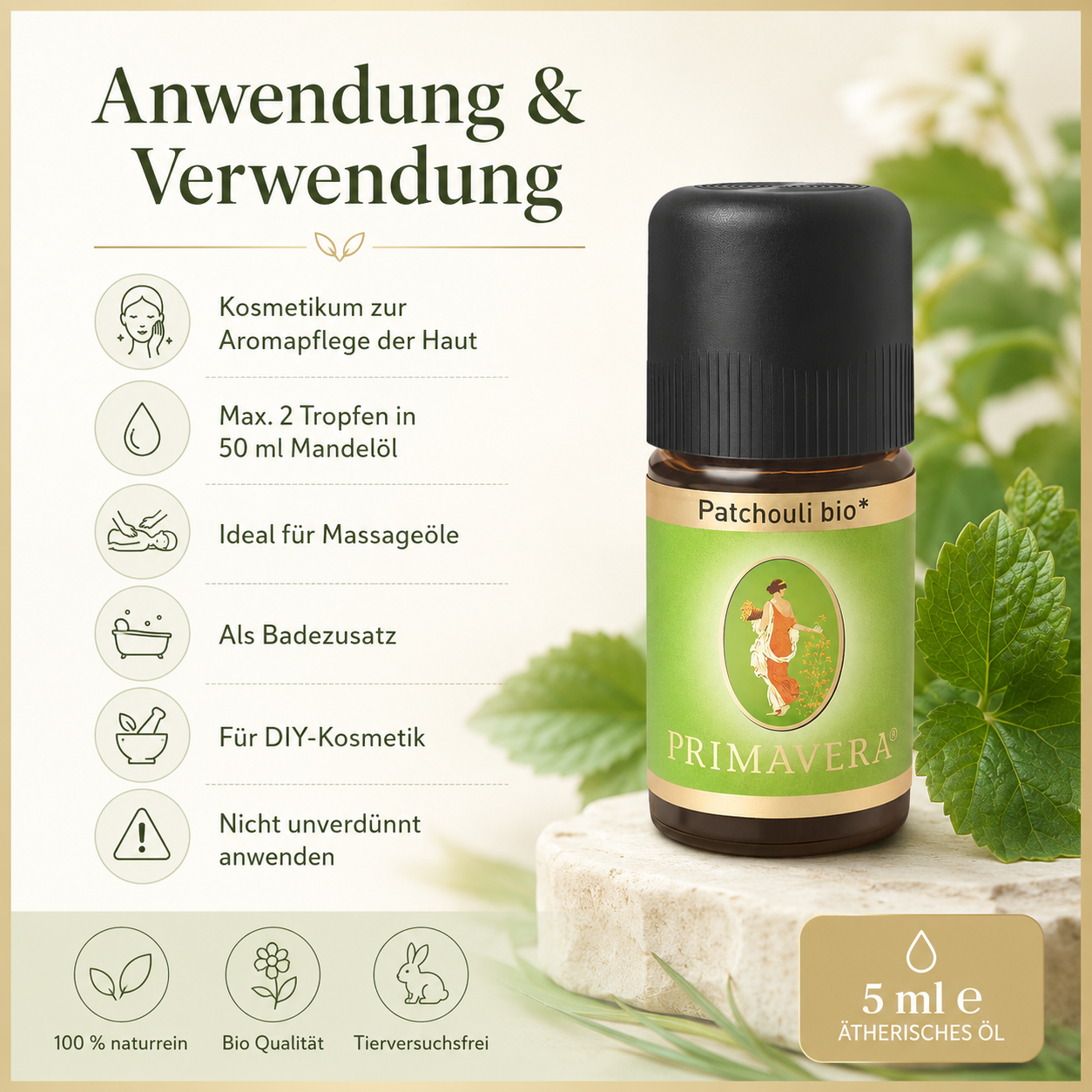 Anwendung von PRIMAVERA Patchouli bio für Aromapflege, Massageöle, Badezusätze und selbstgemachte Kosmetik
