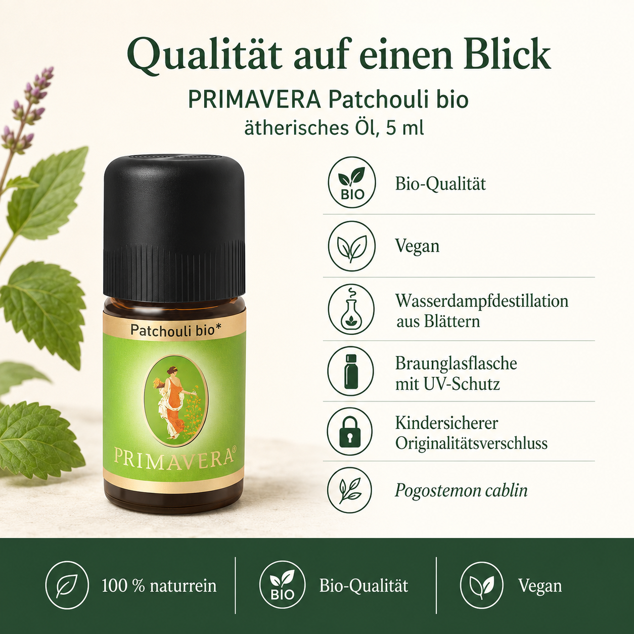 PRIMAVERA Patchouli bio 5 ml – vegan, bio, wasserdampfdestilliert und in einer UV-schützenden Braunglasflasche