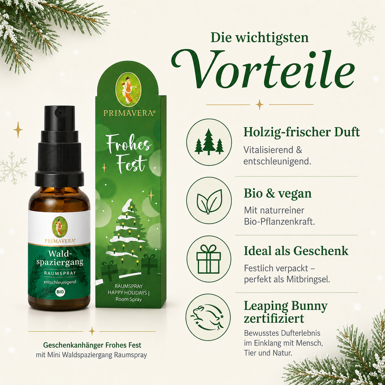 Vorteile des PRIMAVERA Waldspaziergang Raumsprays – holzig-frischer Duft, bio und vegan