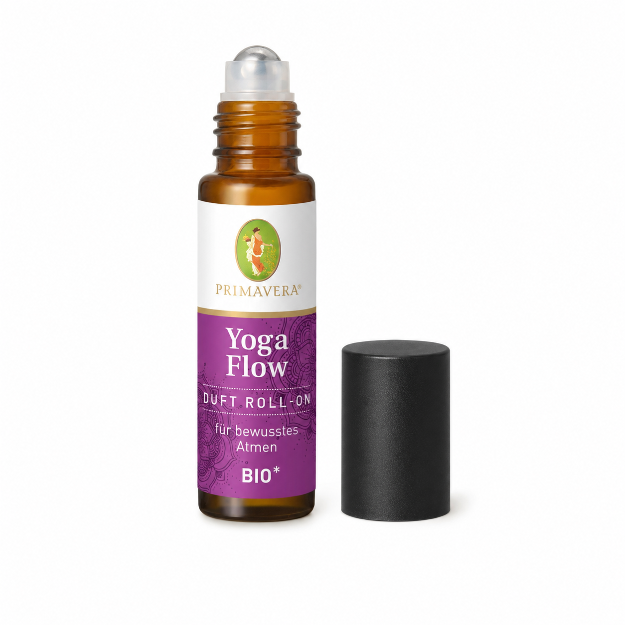 Geöffneter PRIMAVERA Yoga Flow Duft Roll-On mit Rollkugel und Verschluss