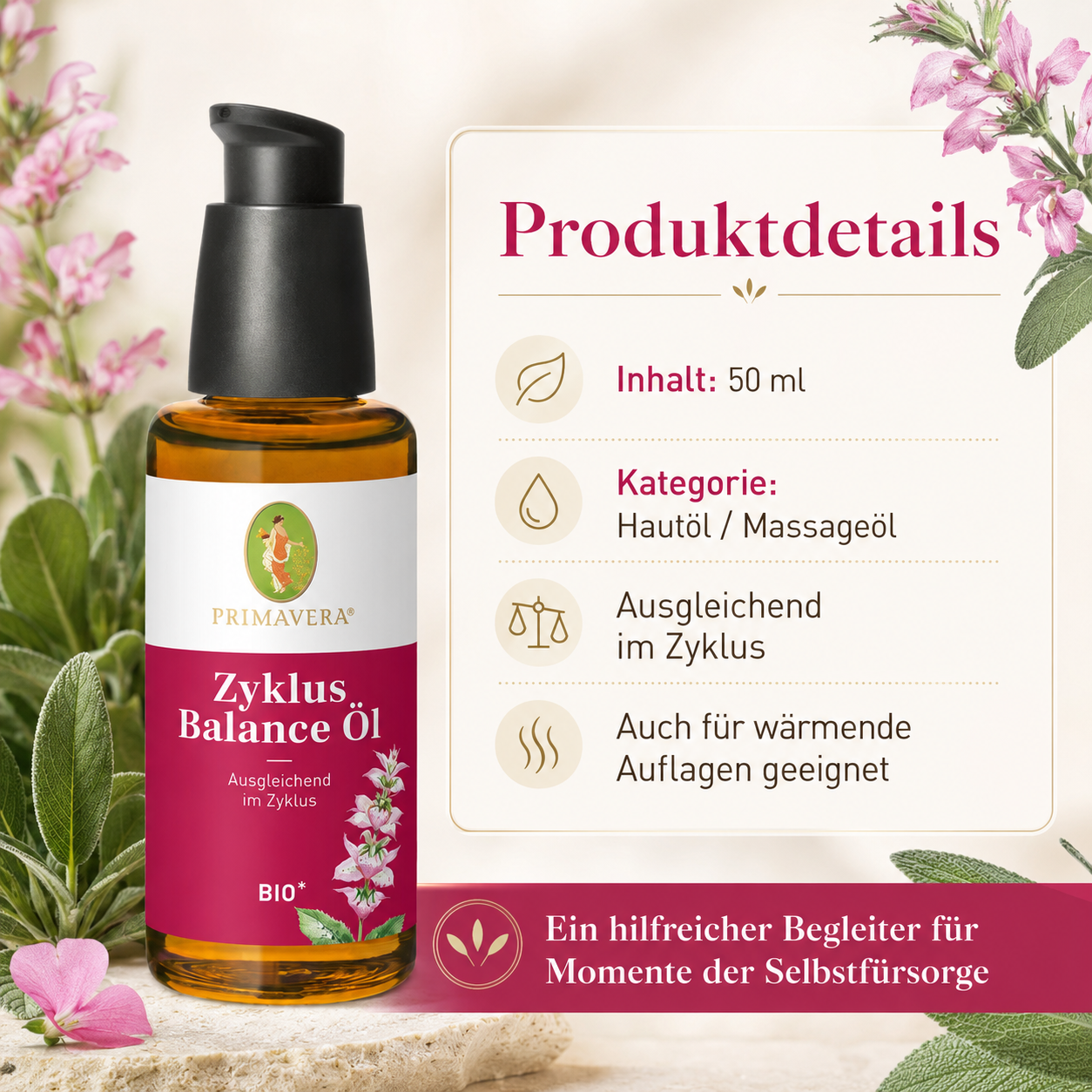 Produktdetails zum PRIMAVERA Zyklus Balance Öl bio 50 ml Haut- und Massageöl