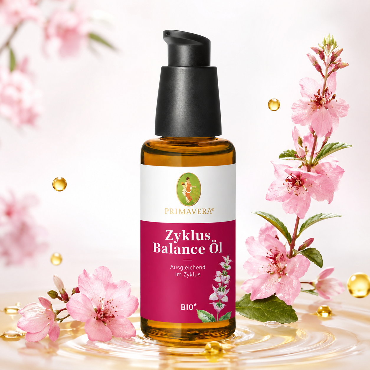 PRIMAVERA Zyklus Balance Öl bio mit rosa Blüten und goldenen Öltropfen