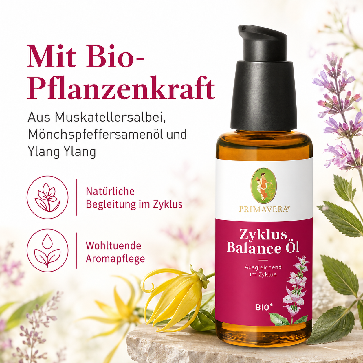 PRIMAVERA Zyklus Balance Öl bio mit Muskatellersalbei, Mönchspfeffersamenöl und Ylang Ylang